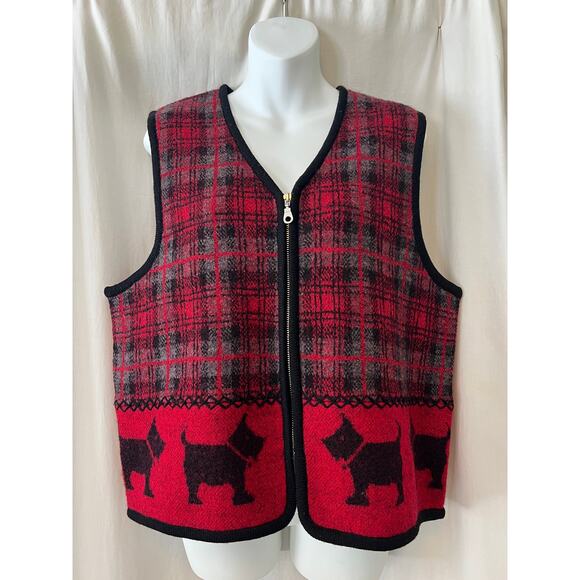 Vintage wool plaid red black scotty dogs zip front vest winter dog lover LG - Picture 2 of 8